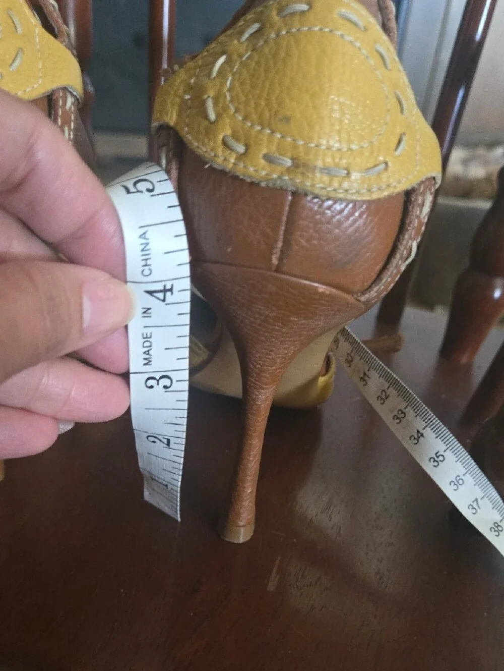 BCBGirls Unique Leather Yellow and Brown Pointed Ankle-Strap Heels
